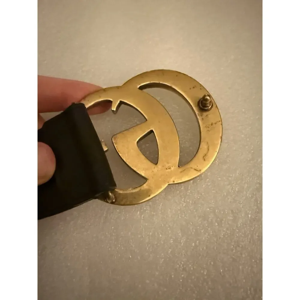Authentic Gucci Black Belt GG Logo Buckle Gold Size 85/34 fits M/L
